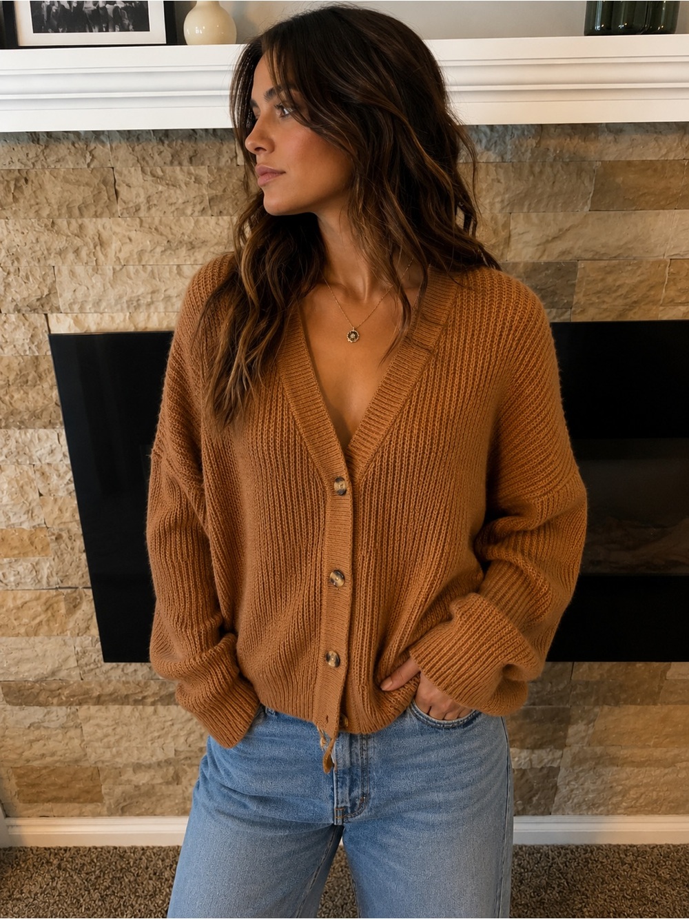 Cozy V-Neck Button-Up Sweater Cardigan - Camel Rust